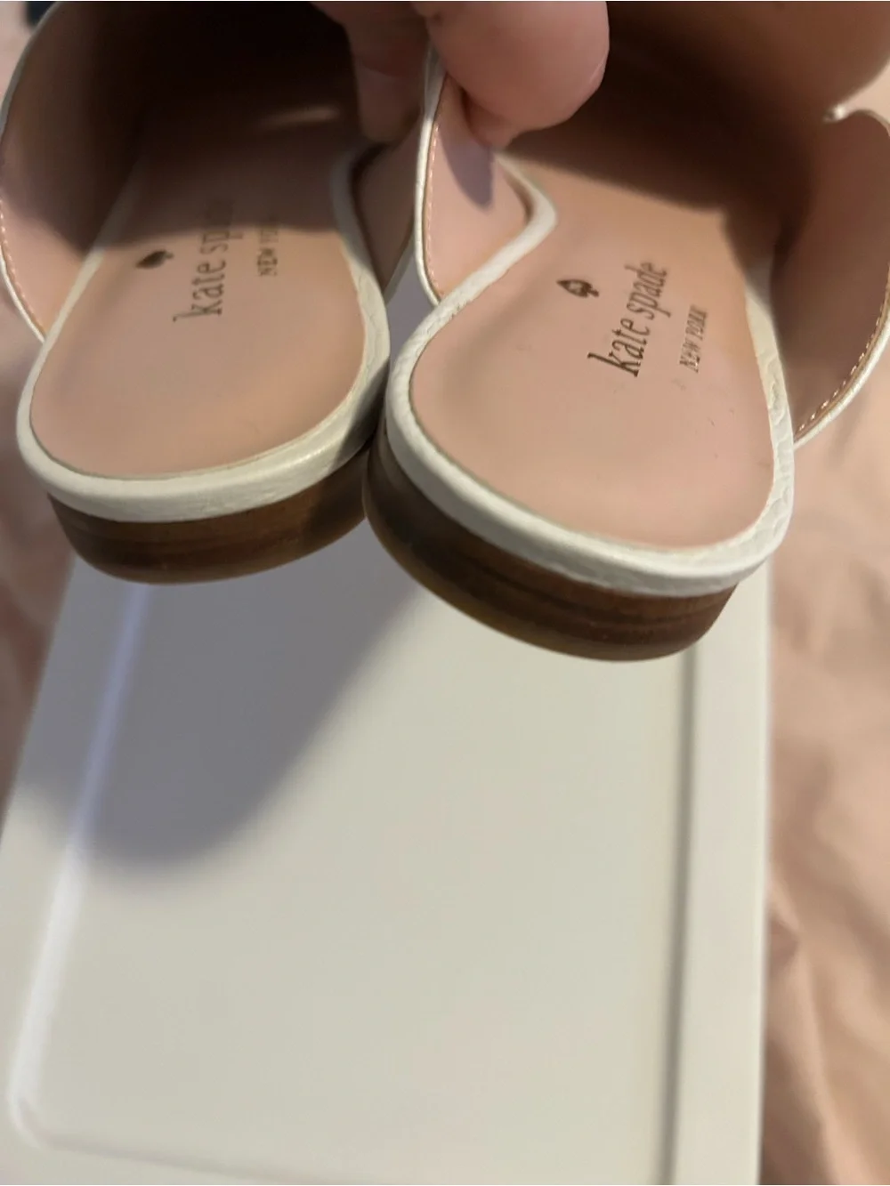 kate spade White Pebbled Leather Backless Loafers with Gold Accent